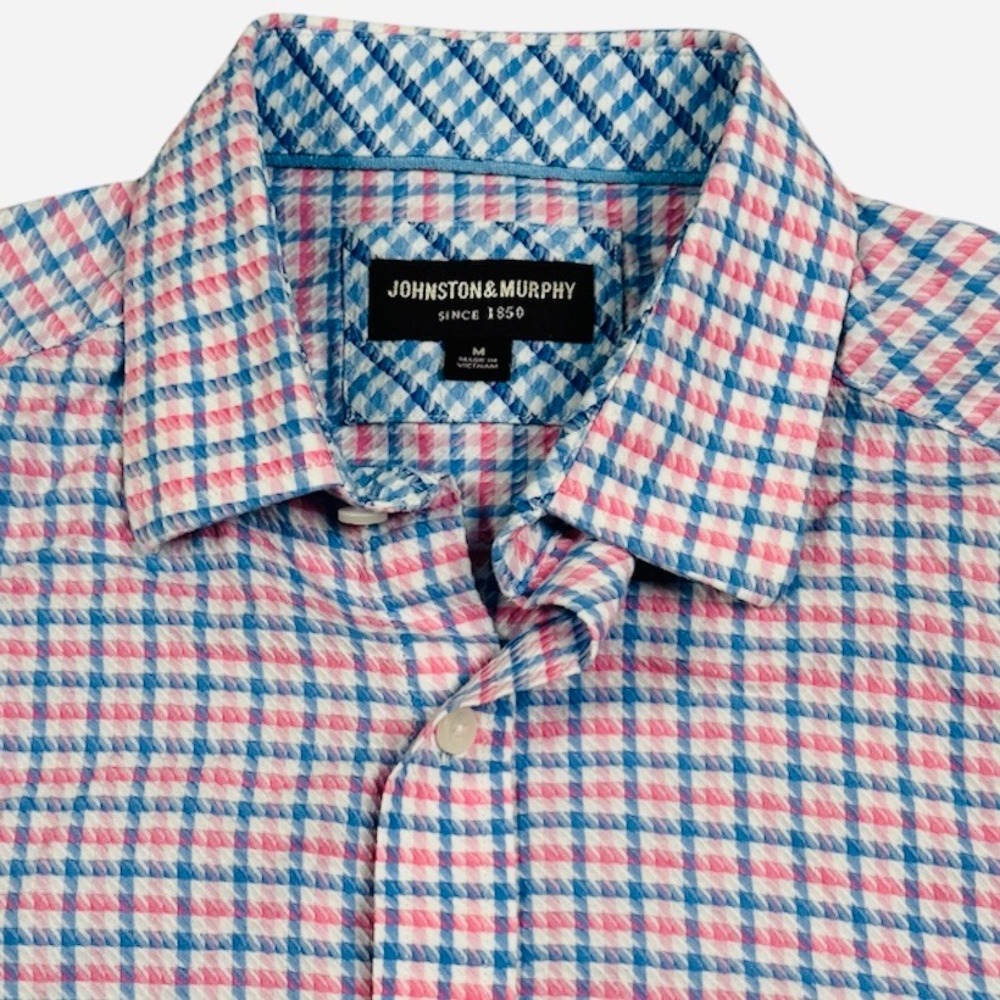 Johnston & Murphy Button Up Shirt Mens Medium Pink Blue Gingham Seersucker